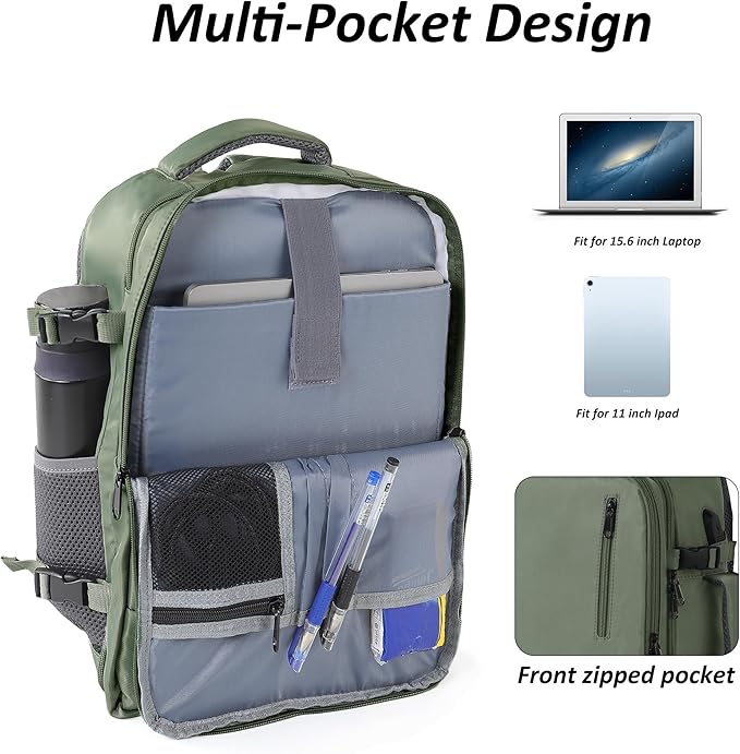 TANTOMI Travel Backpack for Women Men, 15.6 Inch Laptop Backpack Flight Approved, Small Carry-On Bags with USB Charging Port & Shoe Pouch, Casual Daypack on Airplane for Weekender Work Business, Green