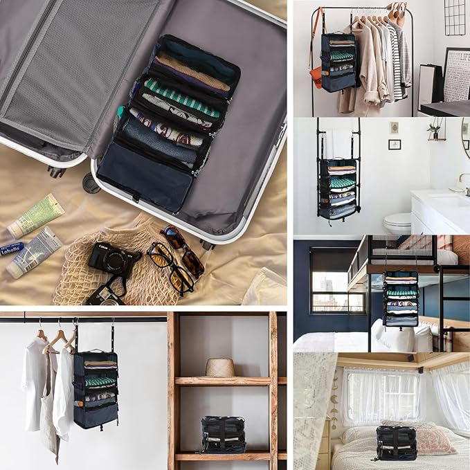 Surblue Travel Hanging Luggage Organizer Portable Suitcase Closet Organizer Multiple Compartments Collapsible Compression Packing Cubes Shelf, Navy, S