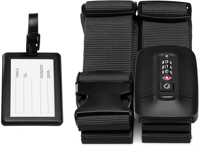 Navaris Suitcase Strap with Lock - Cross Case Baggage Belt with Combination Lock and Luggage Tag for Suitcases, Cabin Cases, Travel Bags - Black