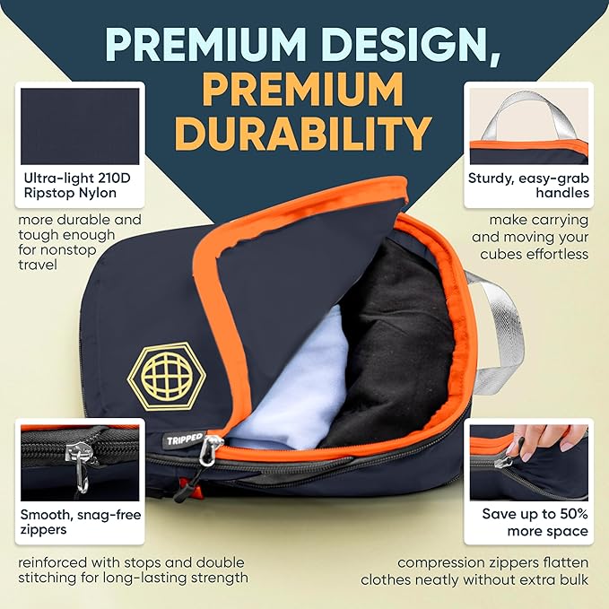 Large Compression Packing Cubes for Travel-Packing Cube Luggage Organizers 7 Piece Set for Checked Luggage-Ultralight, Expandable/Compression Bags by TRIPPED Travel Gear (Grey/Orange)