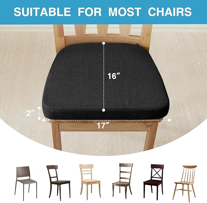 Chair Cushions for Dining Chairs Set of 2, Non Slip Kitchen Chair Pads, 17" x 16" x 2", Indoor Dining Chair Cushions with Ties, D-Shaped Seat Cushions for Kitchen Chairs, Black