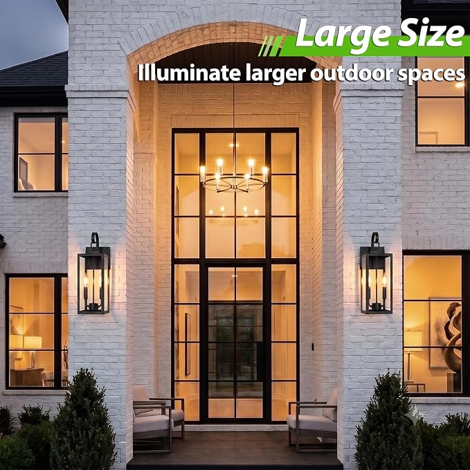 18" Large Outdoor Wall Light, 2-Light Black Exterior Sconce | Waterproof, Rust-Resistant, Durable Metal with Clear Glass, Standard E12 Socket, Easy to Install