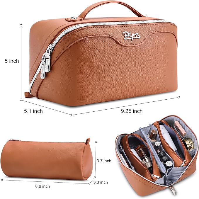 BOYATU Travel Makeup Bag Organizer Cosmetic Bag: 3 Pcs Set Make up Bags for Women with Handle - Waterproof Vegan Leather Toiletry Bags Travel Essentials Pouch with Compartments (C-02-Brown)