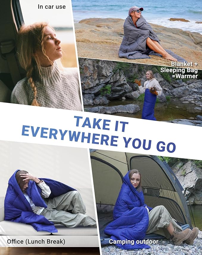 KingCamp Ultralight Camping Blanket, Packable Down Alternative Puffy Wearable Blankets Weatherproof Warm Package Quilt with Snap Buttons for Outdoor Hiking Travel Picnic Stadium (69" L x 53" W, Navy)