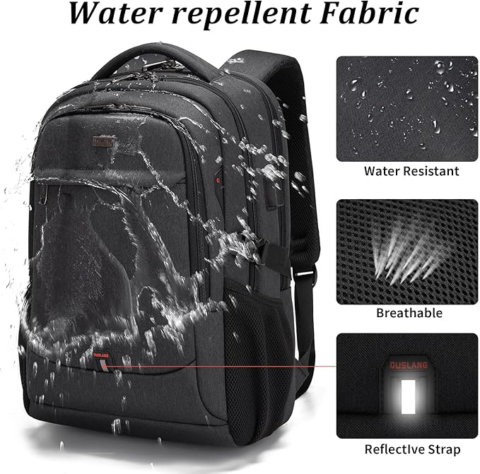 DUSLANG 17 Inch Laptop Backpack for Travel Water Resistant College Backpack for Men/Women Laptop Bag with USB Charging Port,Black
