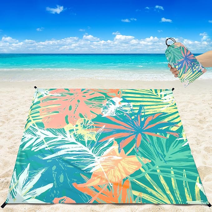 HIHOHO Beach Blanket Waterproof Sandproof Beach Mat for 1-8 Adults Quick Drying Durable Outdoor Picnic Mat for Beach Festival Travel Camping Hiking (Colorful-Palm, 79"×83"(4 Person))
