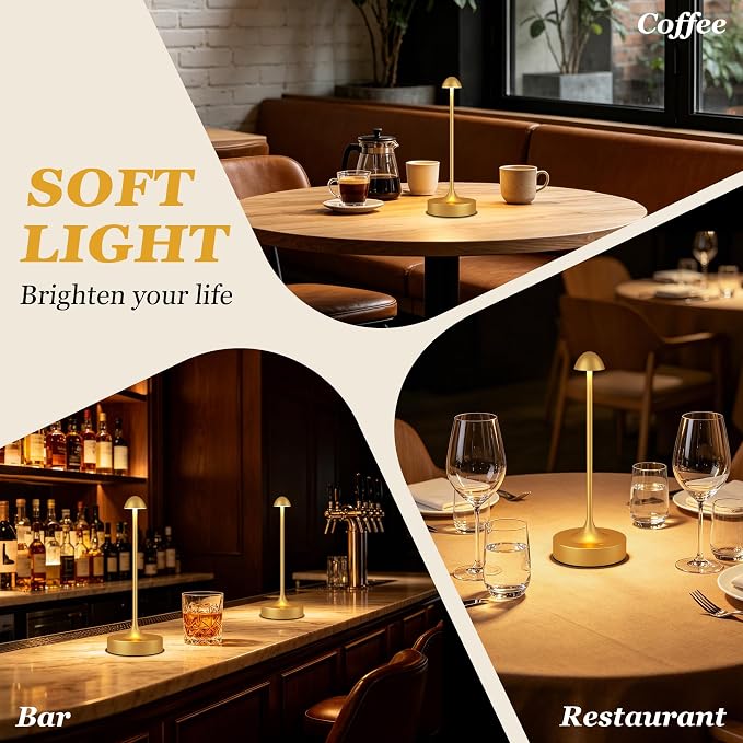 Kakanuo Rechargeable Cordless Table Lamp, Battery Operated Lamps, 3-Color Stepless Dimming, Portable Wireless Desk Lamp, LED Lighting for Dining Room, Restaurant, Office, Bar, Home(Gold 2 Pack)