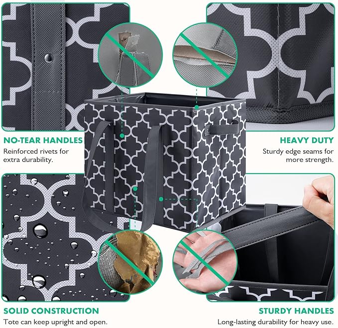 WISELIFE Reusable Grocery Bags 4-Pack Foldable Washable Large Storage Bins Basket Water Resistant Shopping Tote Bag Dark Grey