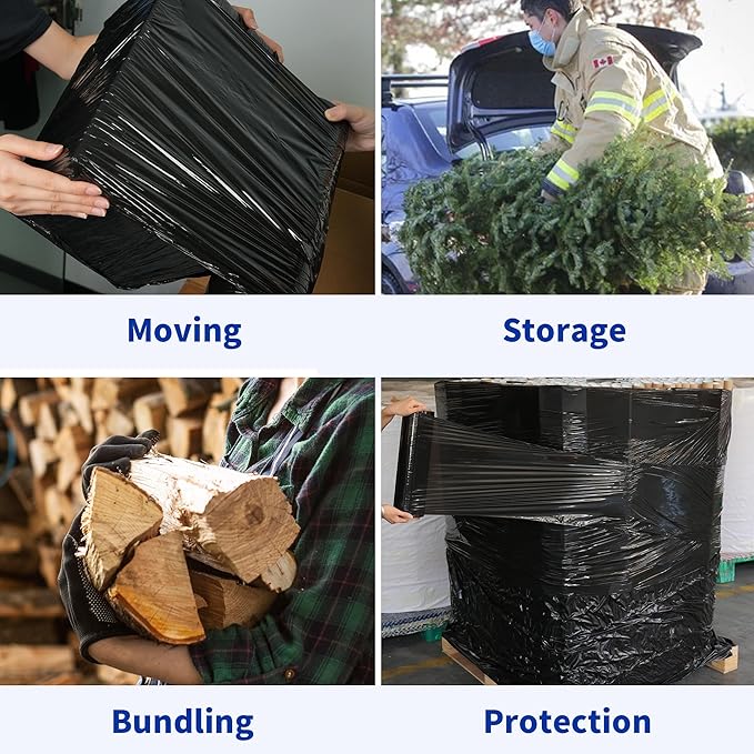 TAPEBEAR Black Stretch Wrap Film 4" x 1000Ft Shrink Wrap Roll with Handle, 60 Gauge Thick Durable Self-Adhering Plastic Wrap Industrial Strength Pallet Shrink for Moving, Packing, Storage, 4Rolls