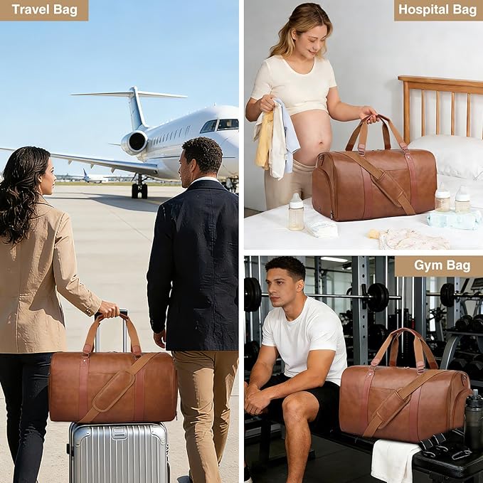 Large 3-in-1 Leather Duffle Bag for Travel Weekender Overnight Hospital Gym Bag for Men & Women, Carry On Airline Approved Personal Item Duffel Garment Bag Luggage with Shoe Compartment & Toiletry Bag
