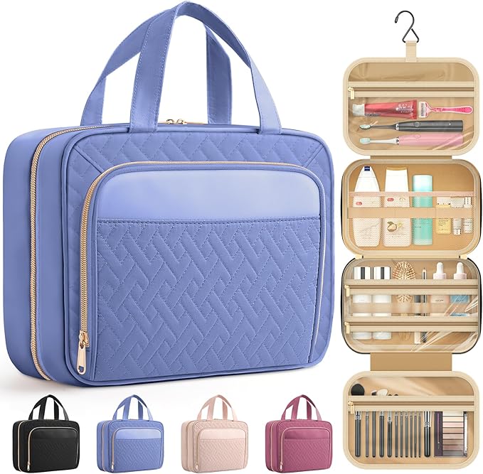 HOTOR Travel Toiletry Bag for Women & Men, Waterproof Makeup Bag with Hanging Hook and Multiple Pockets, Cosmetic Bags for Women, Travel Essentials, 11.2'' x 3.2'' x 8.9'', Aegean-Blue