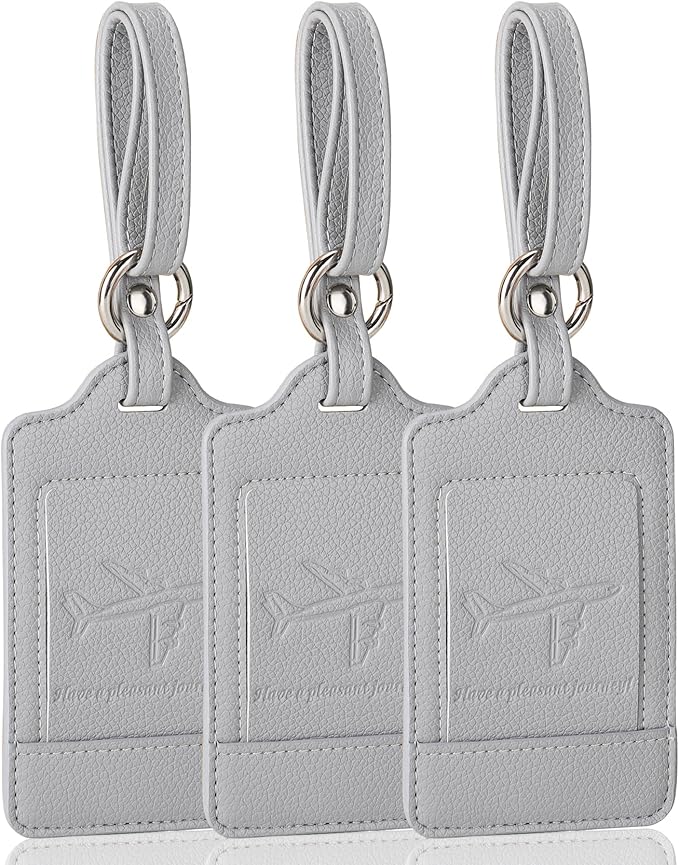 3 Pack Luggage Tags - Quick Install, Privacy Protection, Airplane Travel Essentials for Suitcases, Durable Leather - Lichee Grey