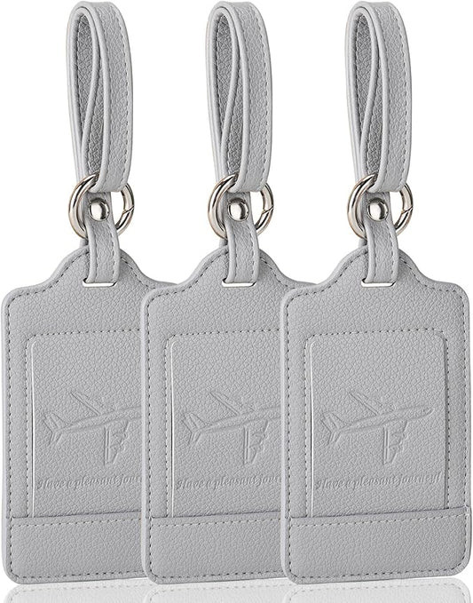 3 Pack Luggage Tags - Quick Install, Privacy Protection, Airplane Travel Essentials for Suitcases, Durable Leather - Lichee Grey