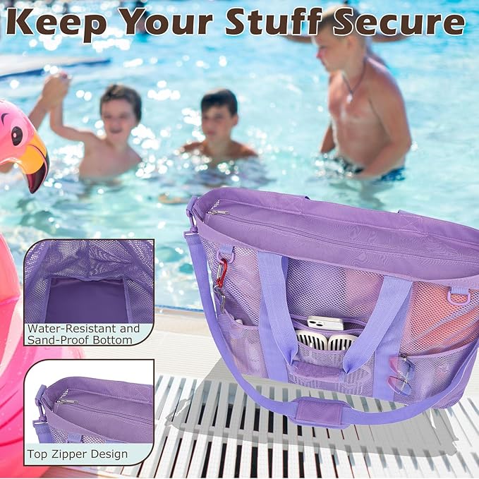 Fammart Mesh Beach Bag, Large Beach Tote with Zipper Pocket, Toys Pool Bag for Family Travel Vacation Cruise Essentials