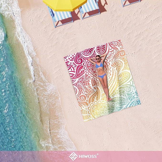 Beach Blanket Waterproof Sandproof Oversized 95”x 80”,Sand Free Beach Mat with Corner Pockets,Portable Mesh Bag for Beach Festival,Picnic,Travel and Outdoor Camping (Ombre Rainbow)