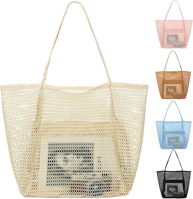 Fammart Mesh Beach Bag, Large Beach Tote with Zipper Pocket, Toys Pool Bag for Family Travel Vacation Cruise Essentials