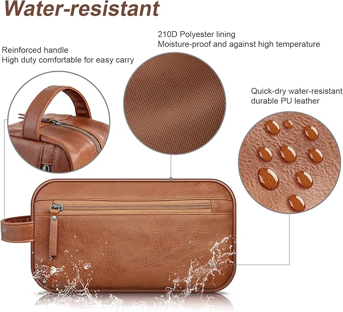 Travel Toiletry Bag for Men and Women, Travel Shaving Dopp Kit Water-resistant Bathroom Toiletries Organizer PU Leather Cosmetic Bags (Dark Brown)
