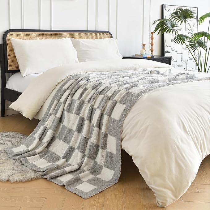 Checkered Blanket, Cozy Soft Throw Blankets for Couch Bed, Fluffy Plaid Lightweight Comfy Travel Picnic Blanket Gifts for Sofa Chair Living Room Camping (Light Grey, Throw 50"x60")
