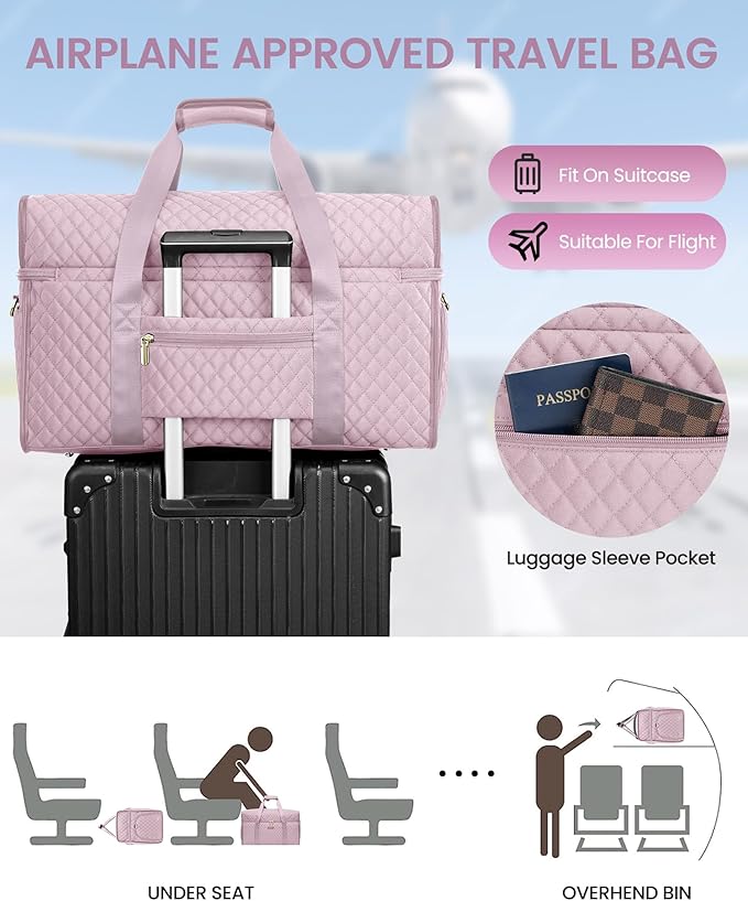 Weekender Travel Duffle Bag for Women: Overnight Bags with Shoe Compartment Carry on Bags for Airplanes with Toiletry Bag Weekend Yoga Gym Bag with Wet Pocket Pink