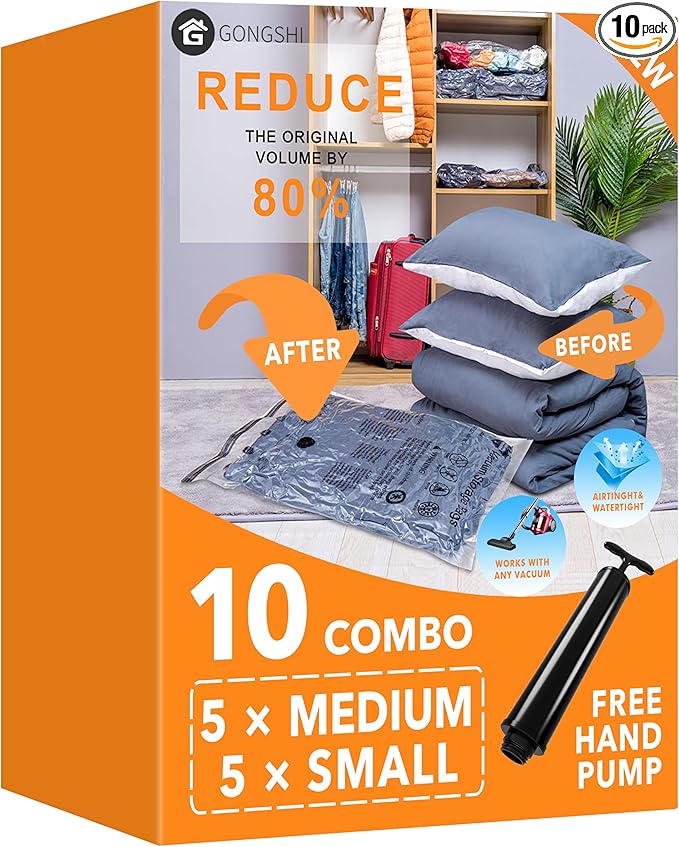 GONGSHI Vacuum Storage Bags, Space Saver Seal Bags For Clothing, Blankets, Comforters, Pillows, Clothes Storage,Travel Luggage.5 M 5 S