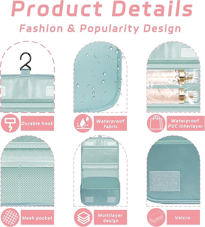 Toiletry Bag Travel Bag with Hanging Hook, Waterproof Capacity Hanging Multifunctional Makeup Bag for Toiletries, Portable Cosmetic Bag Travel Organizer for Women and Men(Light Blue)