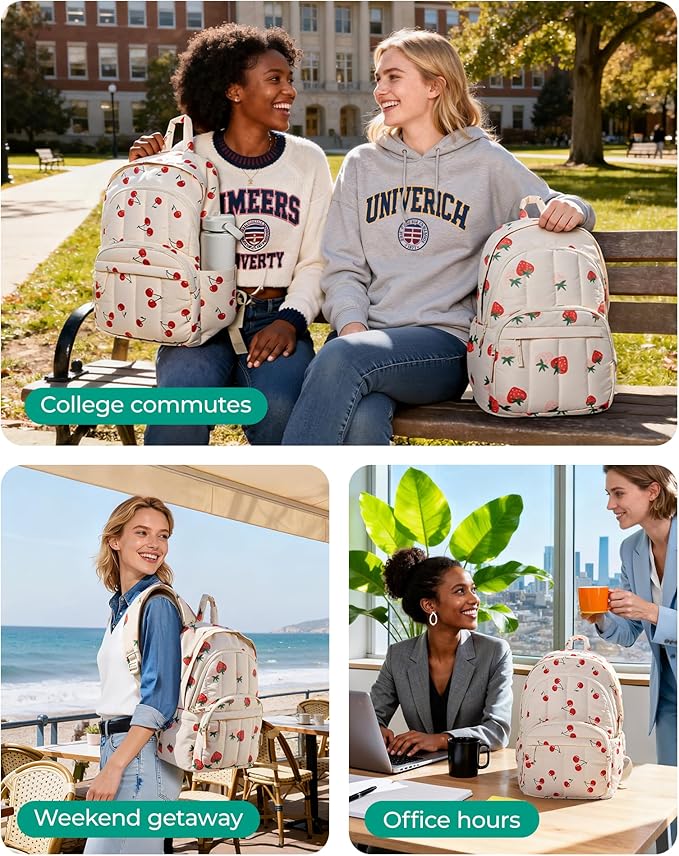 BAGSMART Womens Backpack Small Travel Laptop Backpack for Women, Quilted College Laptop Bookbag, Work Back Pack for Women, Cute Computer Water-Resistant Casual Daypack,Cherry Print