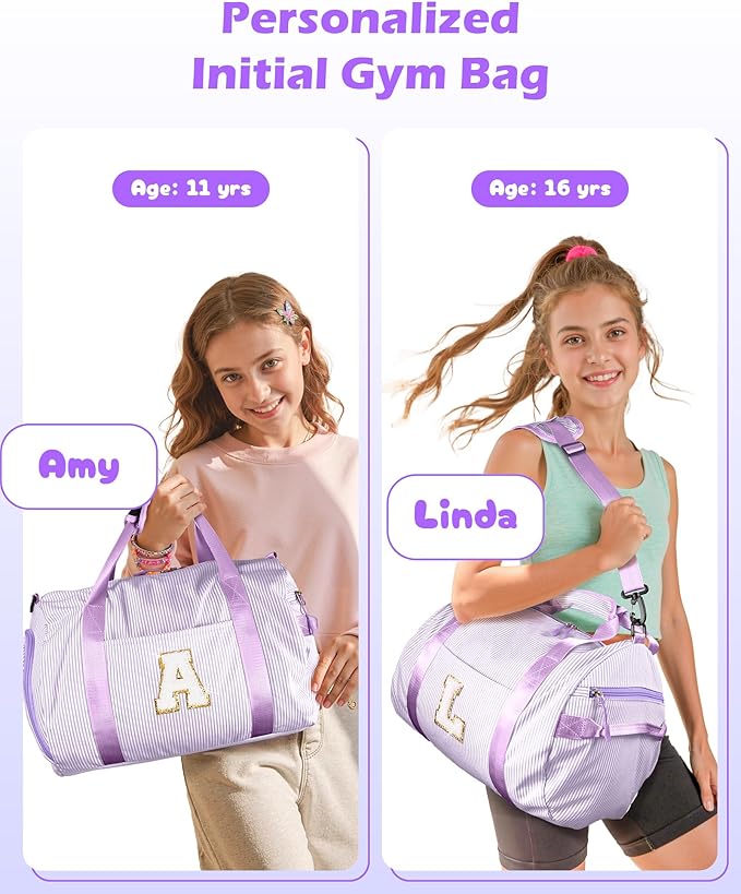 Birthday Gifts for Granddaughter, Girls Travel Duffle Bag, Kids Initial Overnight Duffel Bags with Shoe Compartment, Personalized Dance Bag with Cosmetic Pouch, Purple Gift (Letter J)