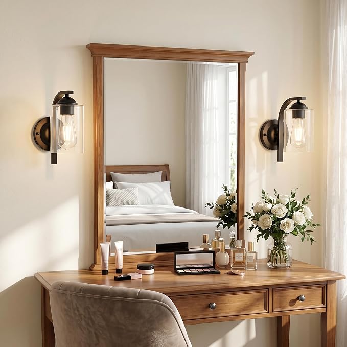 2-Pack Wall Sconces Lights Lamp for Bedroom Bathroom, Modern Vanity Light Fixtures, Black Farmhouse Wall Mount Lighting Lanterns with Clear Glass Shade for Living Room Mirror Hallway Kitchen