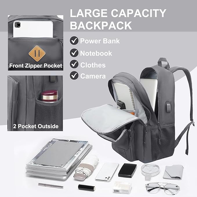 KEOFID Light Weight Travel backpack for Men and Women, Laptop Backpack for Work, Large Bag for College, Water Resistent(GRAY)