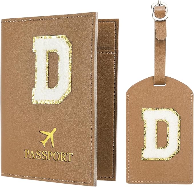 PATIKIL Passport Holder for Travel, Initial Passport Cover and Luggage Tag Set with Alphabet Chenille Letter Patch Travel Wallet Bag Suitcase Identifier for Women Family Travel Brown D