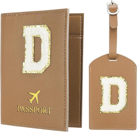PATIKIL Passport Holder for Travel, Initial Passport Cover and Luggage Tag Set with Alphabet Chenille Letter Patch Travel Wallet Bag Suitcase Identifier for Women Family Travel Brown D