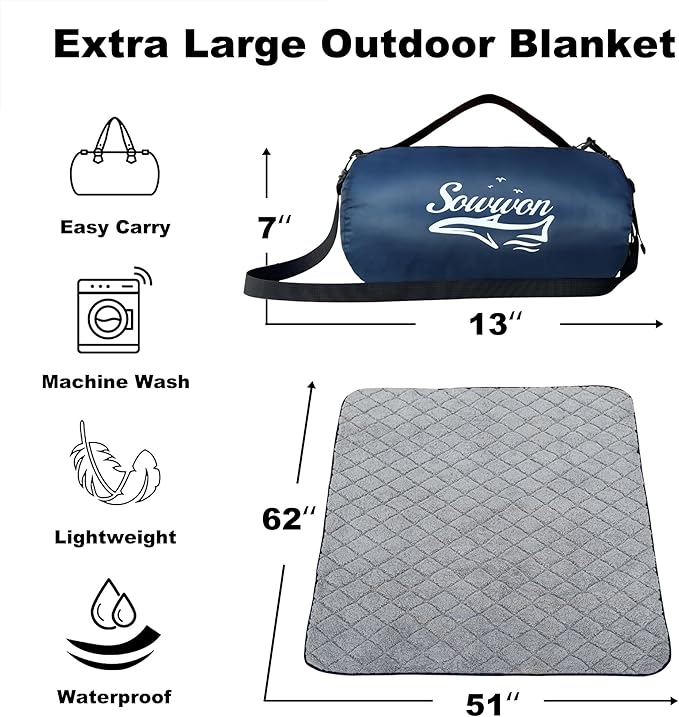 Waterproof Outdoor Blanket 62”X 51” Packable, Stadium Blankets for Camping with Sherpa Fleece Lining, Large Windproof Emergency Mat for Garss Picnic Hiking Road Trip, Machine Washable, Navy 300GSM