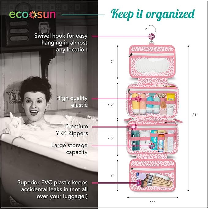 Eco Sun Hanging Travel Toiletry Bag — Designed in Hawaii — Water-resistant Travel Organizer for Bathroom Accessories (Pink Leopard)