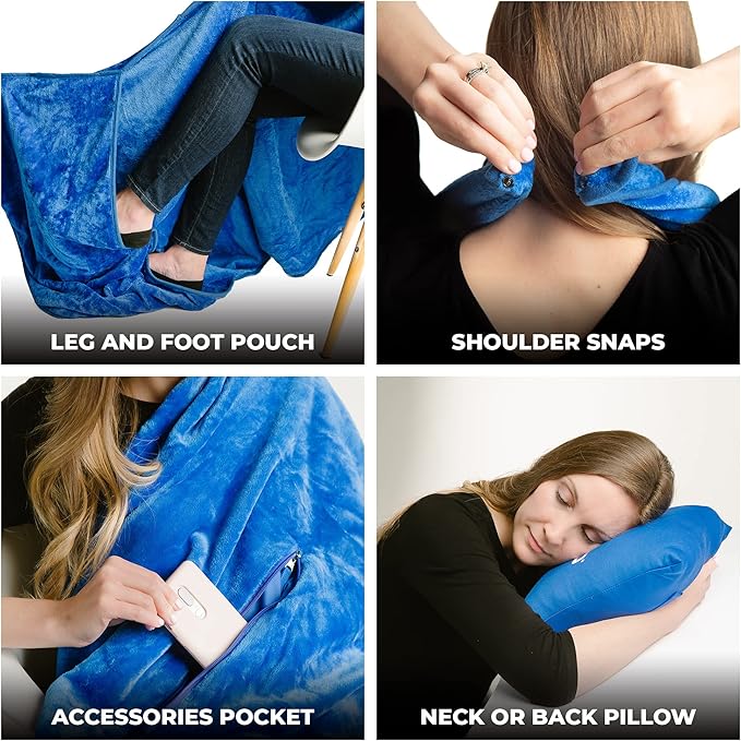 Zero Grid Lightweight Travel Blanket – Premium Compact Wearable Airplane Blanket with Neck Snaps, Cozy Foot Pockets, Zipper Pouch, converts to Soft Pillow for Ultimate Comfort - Royal Blue