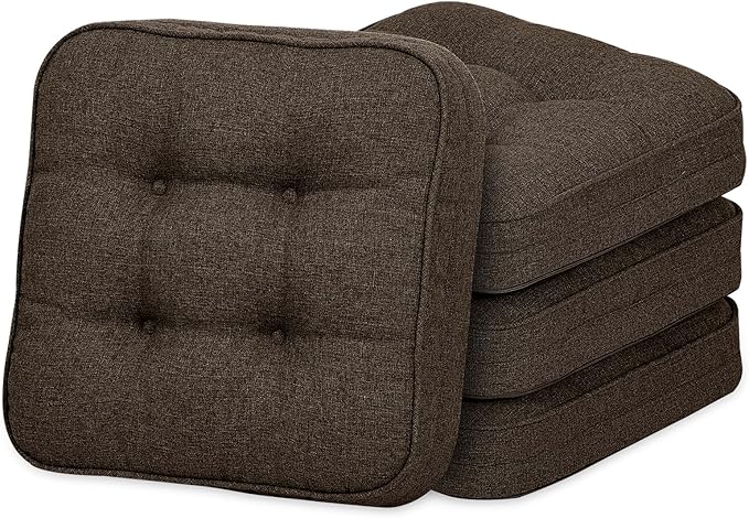 GOFORIT Chair Cushions Set of 4,Tufted Shredded Memory Foam Chair Pads, Non-Slip Seat Cushions with Removable Cover, 4 Pack,Brown