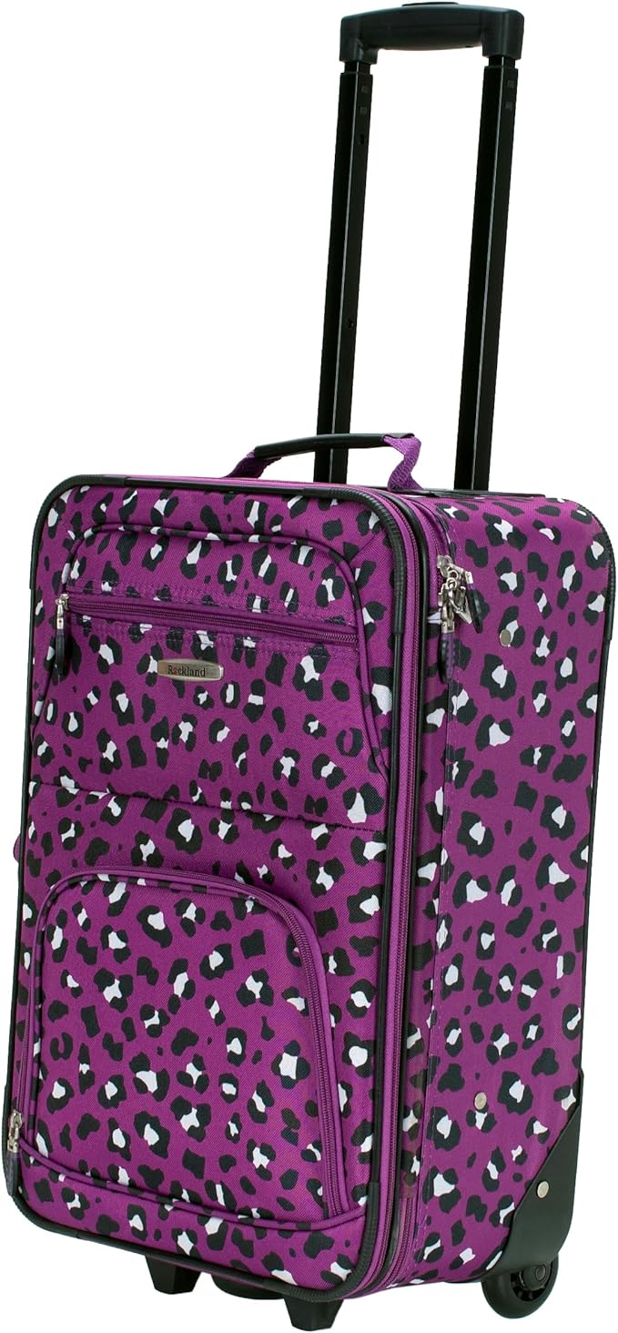 Rockland Fashion Softside Upright Luggage Set, Expandable,Telescopic Handle,Wheel, Purple Leopard, 2-Piece (14/19)