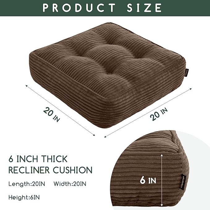 HIGOGOGO Tufted Corduroy Recliner Seat Cushion for Elderly, 20x20x6 Inch Extra Large Square Seat Cushion for Recliner Chair, Floor Pillow, Office Chair, Car, No Pressure on Thighs, Brown