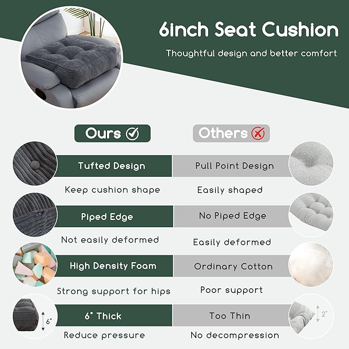 HIGOGOGO Tufted Corduroy Recliner Seat Cushion for Elderly, 20x20x6 Inch Extra Large Square Seat Cushion for Recliner Chair, Floor Pillow, Office Chair, Car, No Pressure on Thighs, Dark Grey