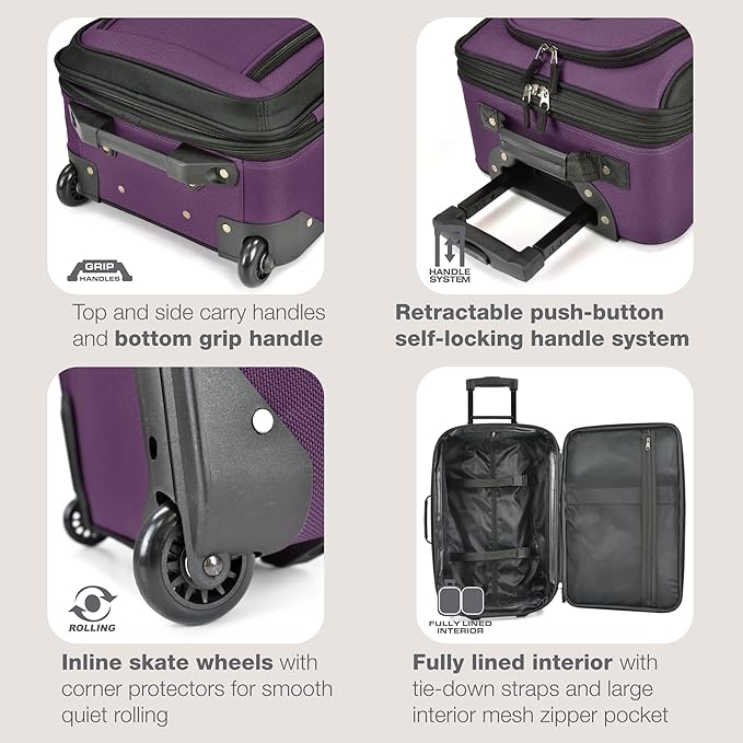 U.S. Traveler Rio Lightweight Softside Rolling Carry-on Suitcase, 2-Wheel Single, Purple