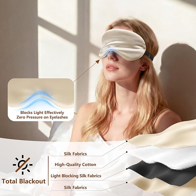 Sleep Mask Silk Eye Mask for Men Sleeping Mask, Adjustable Elastic Strap for Night Shading Sleep Mask, Soft and Comfortable for Both Men and Women (Champagne)