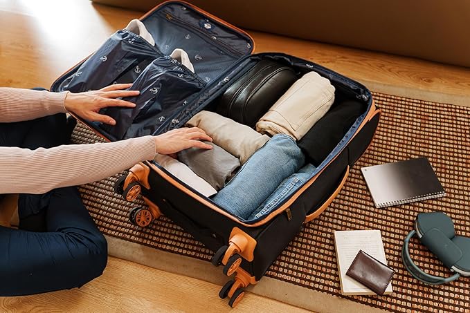 Dockers Seahorse Softside Expandable 8-Wheel Spinner Travel Checked Luggage, 24-Inch, New British Khaki