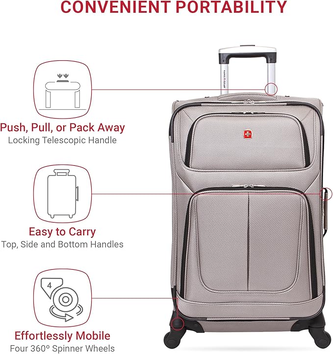 SWISSGEAR Sion Softside Expandable Spinner Luggage Durable Lightweight Travel Suitcase, Pewter, Checked-Medium 25-Inch