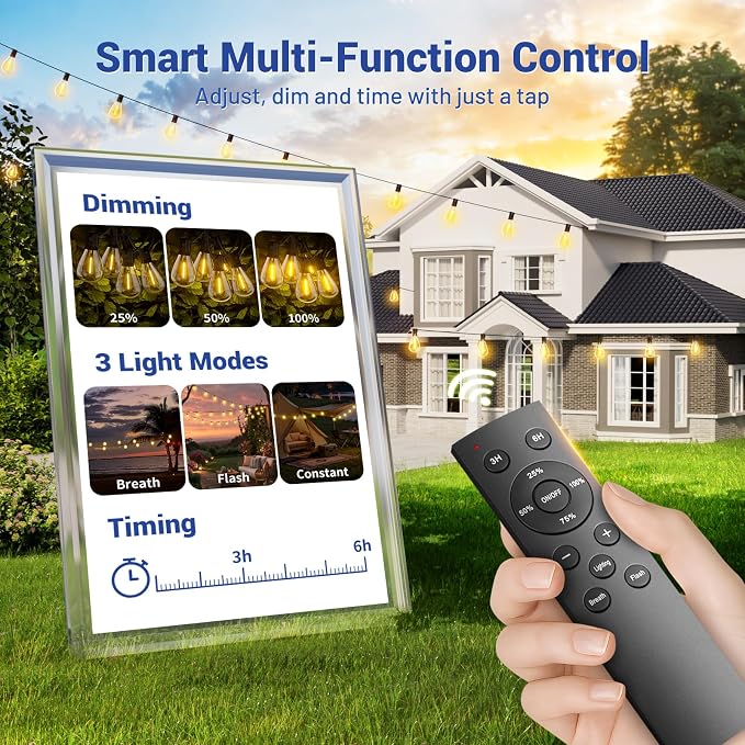 70FT Outdoor String Lights with Remote & Dimmable, 24+1 Shatterproof Waterproof Bulbs, Dimmable Outside Hanging Patio Lights for Backyard, Porch, Deck, Garden 2200K Warm Yellow