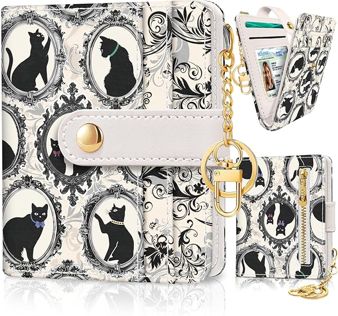 Jogjam Vintage Black Cats Rfid Ladies Wallet, Small Slim Thin Compact Credit Card Women Wallet, Art Aesthetics PU Leather Bifold Cash Zipper Coin Pocket for Female