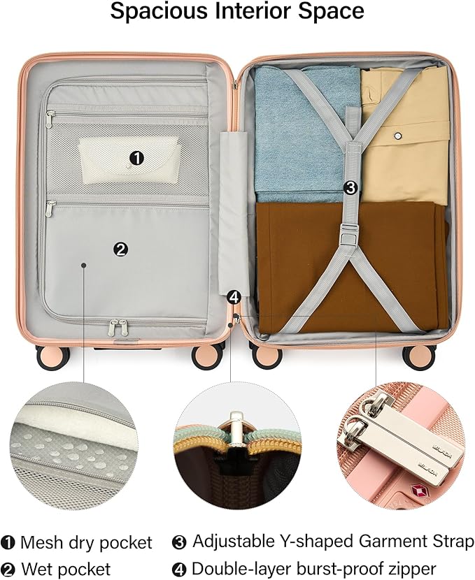 MILADA Expandable Carry On Luggage 20 Inch - Airline Approved Hardshell Suitcase with 8 Spinner Wheels, TSA Lock, Water-Resistant PC Shell, Lightweight & Durable for Travel, Pink