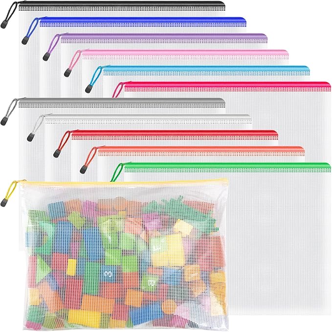 Umriox Mesh Pouch, 14.9x11.0 in (12 Colors, 12 Packs), Extra Large Waterproof Zipper Bags for Office Supplies, Puzzles, Board Games & Cross Stitch Projects