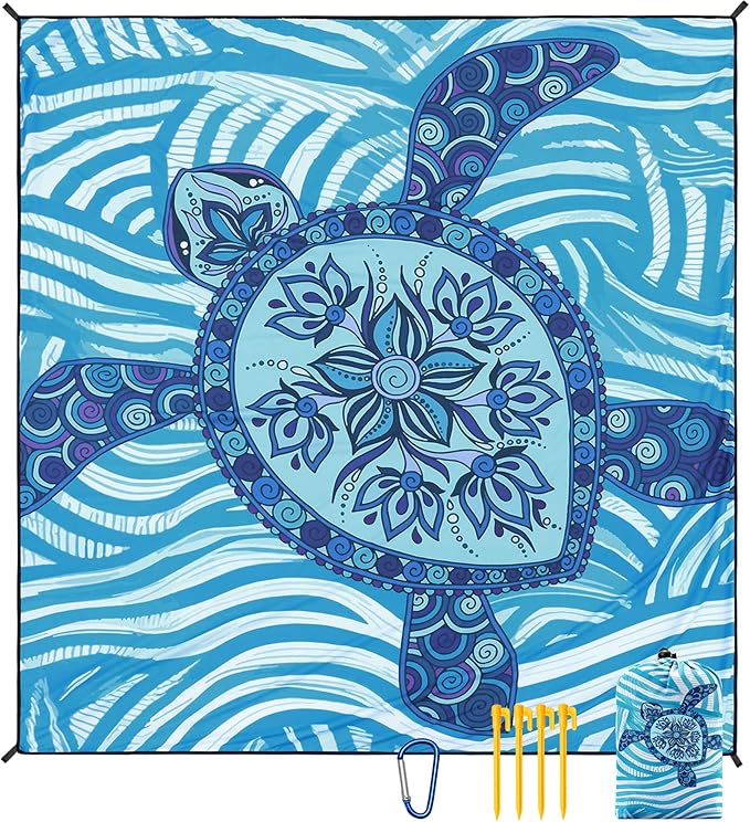 Beach Blanket Sandproof Extra Large Beach Mat Adults Waterproof Quick Drying Sand Free Mat Made by Premium Polyester with 4 Stakes & 4 Corner Pockets for Outdoor Travel Camping Hiking