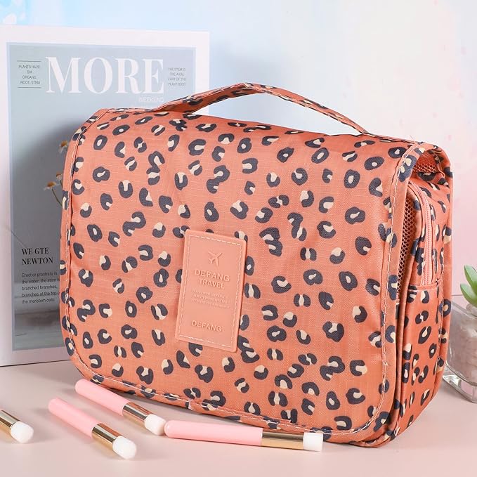 Pengxiaomei Hanging Toiletry Bag, Leopard Orange Waterproof Cosmetic Bag Portable Makeup Pouch Travel Wash Bag with Handle for Women Teen Girls Birthday Mothers Day Gifts