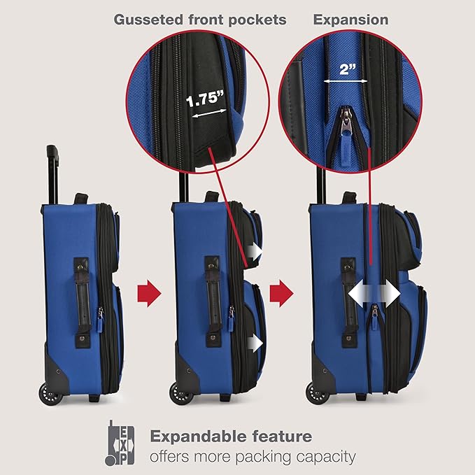 U.S. Traveler Rio Lightweight Softside Rolling Carry-on Suitcase, 2-Wheel Set, Royal Blue