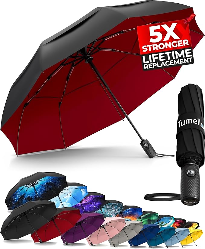 TUMELLA Strongest Windproof Travel Umbrella (Compact, Superior & Beautiful), Small, Wind-Tested, Light & Portable, Automatic Folding Rain Umbrella, Durable Premium Grip, Fits Car and Backpack